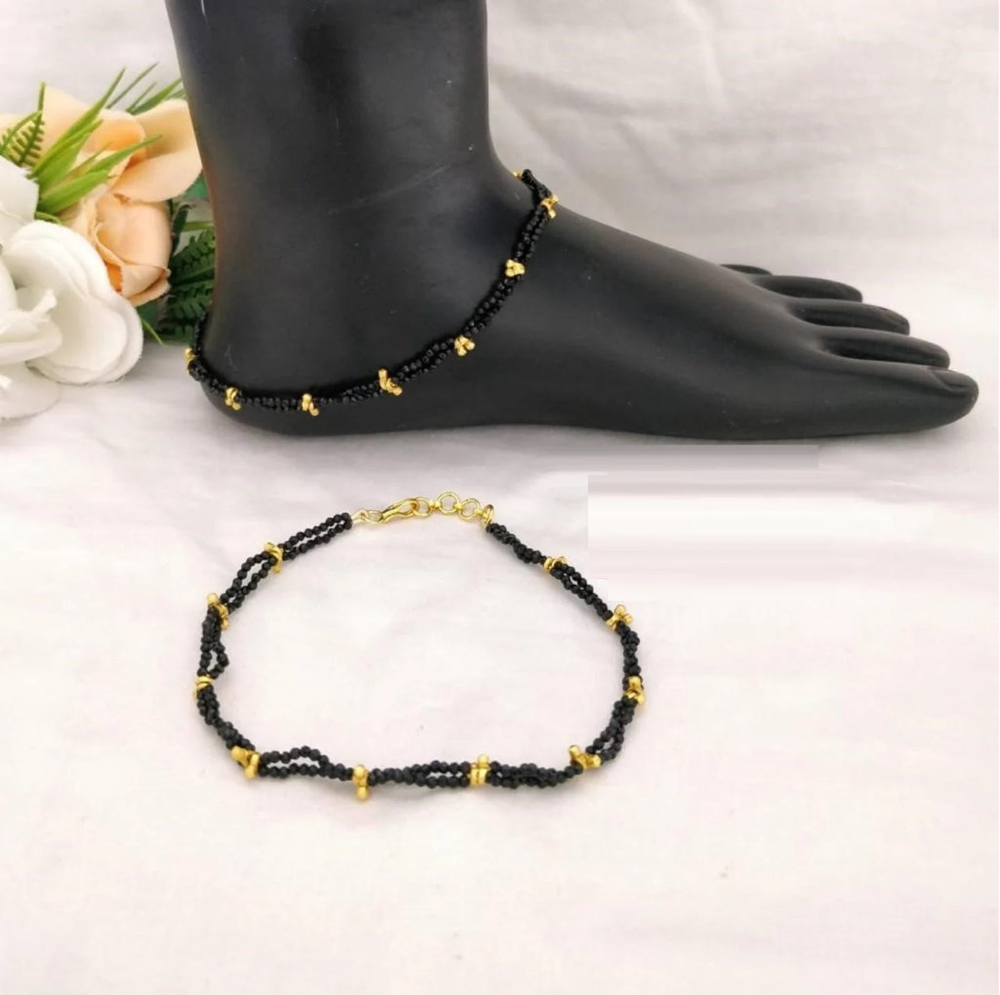 Black Beads 925 Silver Anklet