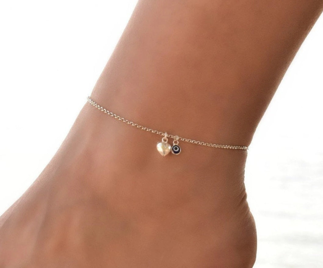 Heart & Evil Eye 925 Silver Anklet