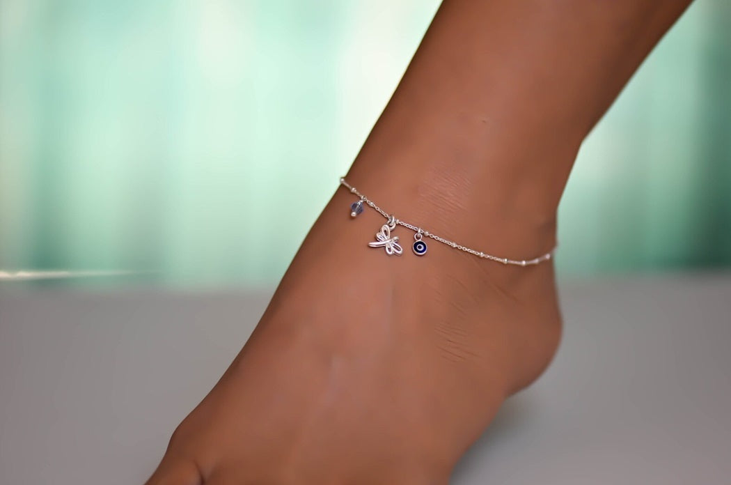 Dragonfly Evil Eye 925 Silver Anklet