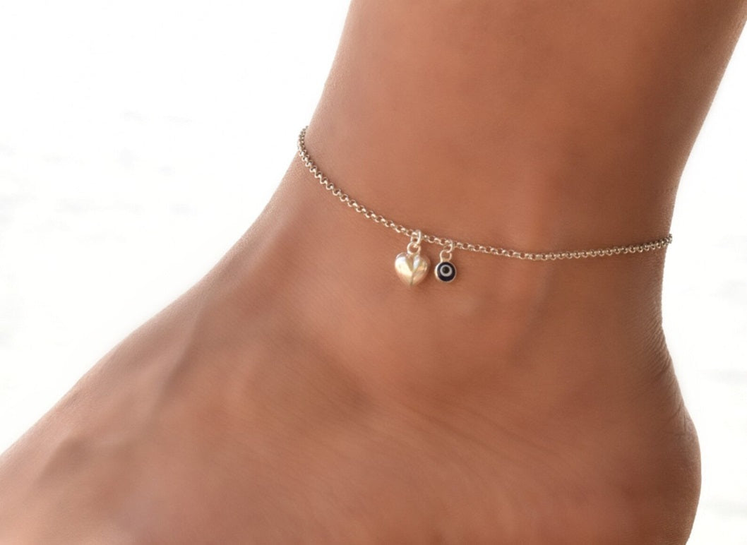 Heart & Evil Eye 925 Silver Anklet