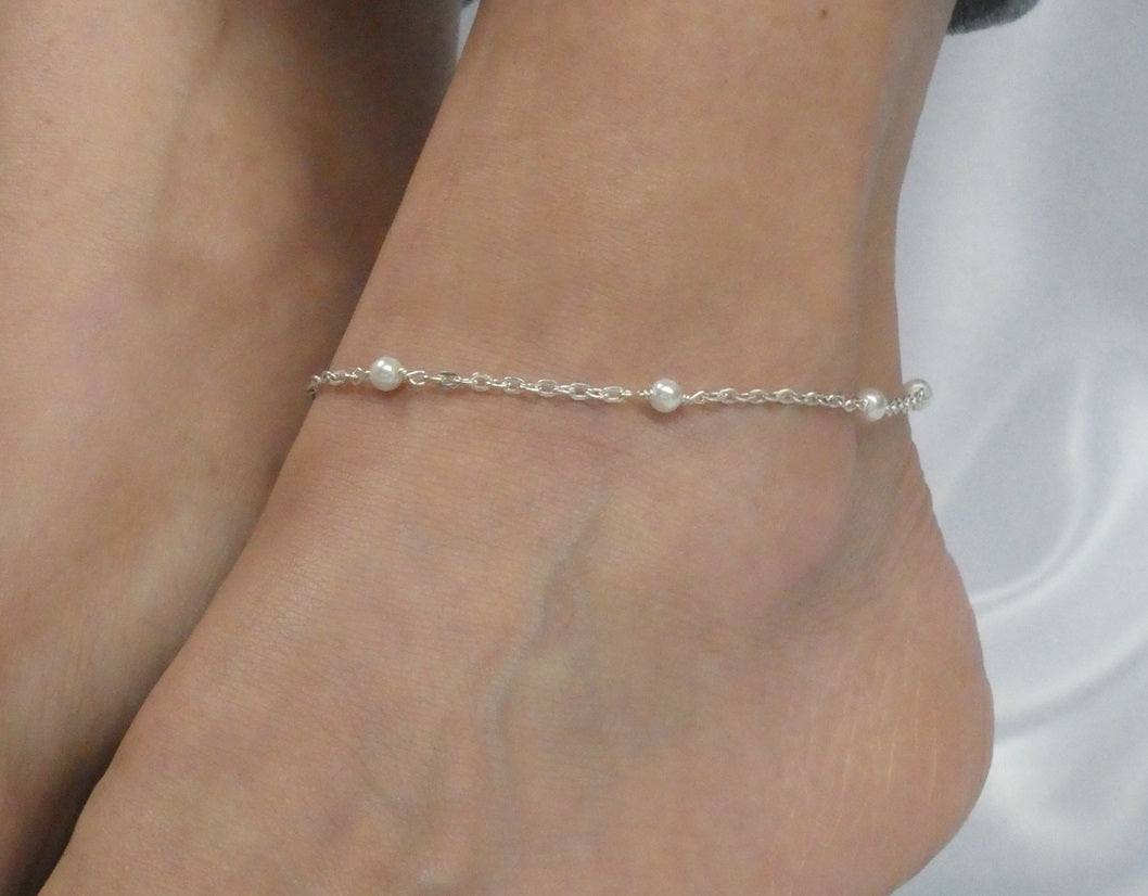 Faux Pearl 925 Silver Anklet