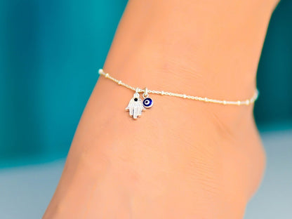 Hamsa Evil Eye 925 Silver Anklet