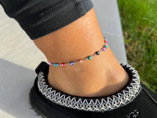 Multi-Colour Evil Eye 925 Silver Anklet