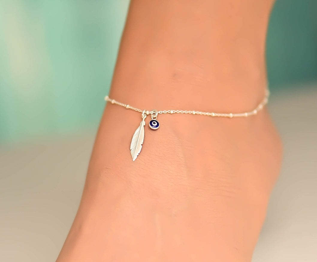 Feather Evil Eye 925 Silver Anklet