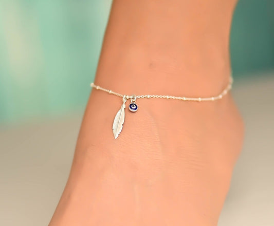 Feather Evil Eye 925 Silver Anklet