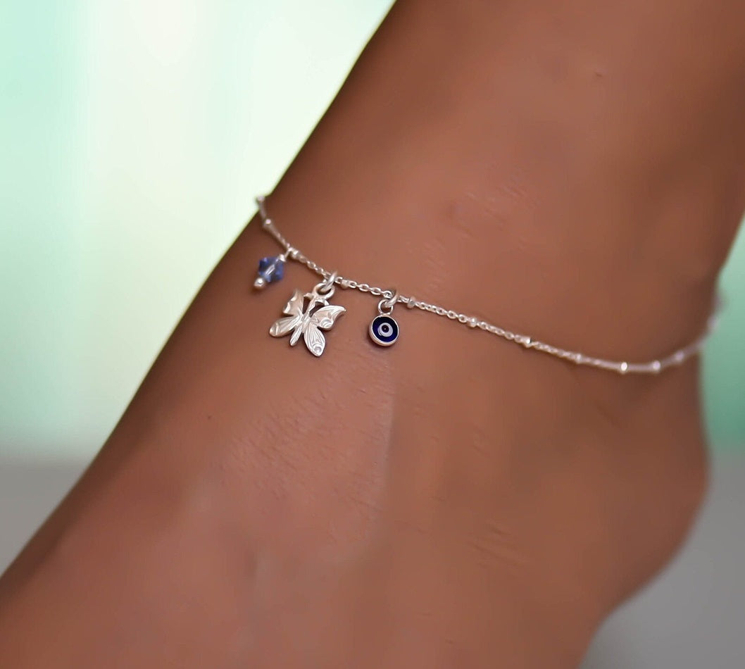 Butterfly Charms Evil Eye 925 Silver Anklet