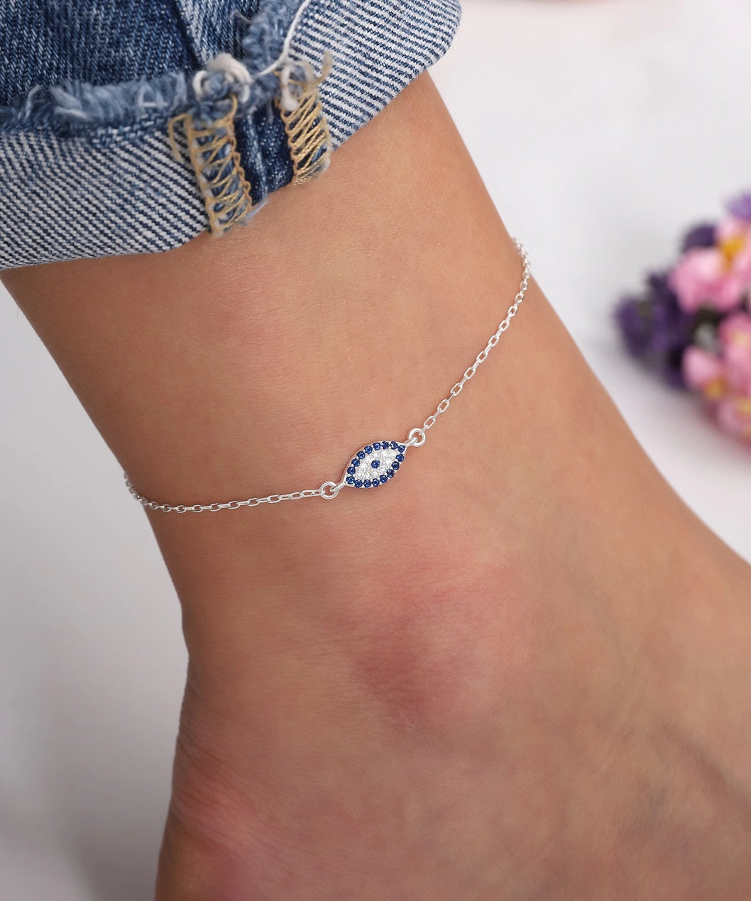 Zircon Stone Evil Eye 925 Silver Anklet