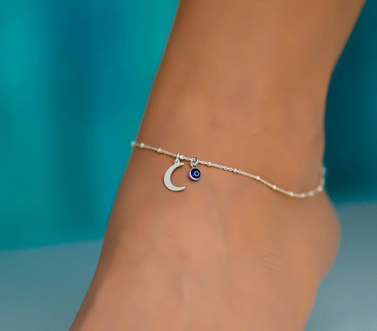 Moon Evil Eye 925 Silver Anklet