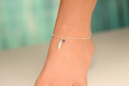 Feather Evil Eye 925 Silver Anklet