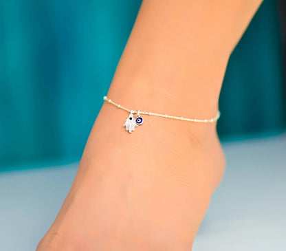 Hamsa Evil Eye 925 Silver Anklet