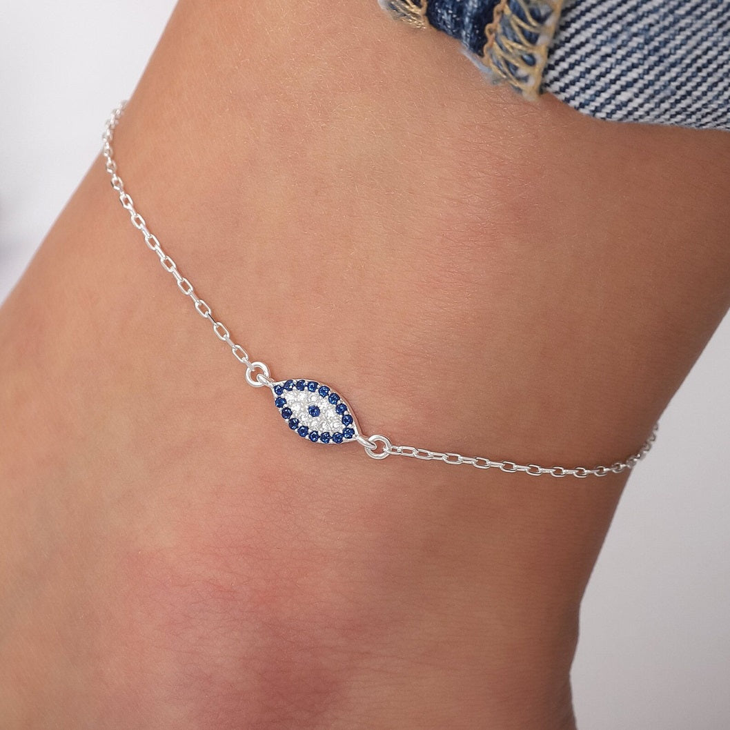 Zircon Stone Evil Eye 925 Silver Anklet