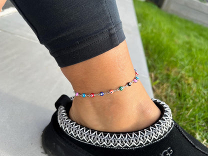 Multi-Colour Evil Eye 925 Silver Anklet