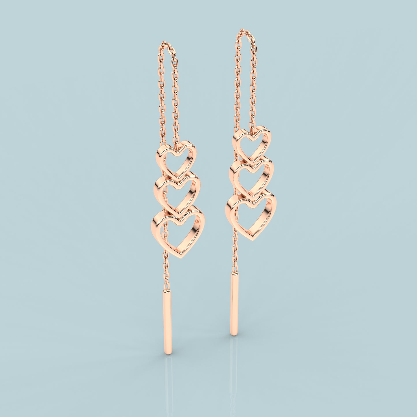 Rose gold triple Heart Sui Dhaga 925 silver Earring