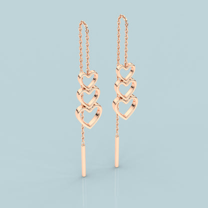 Rose gold triple Heart Sui Dhaga 925 silver Earring