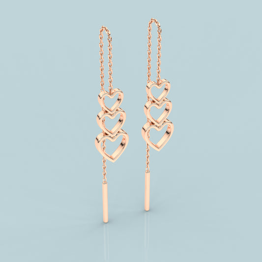 Rose gold triple Heart Sui Dhaga 925 silver Earring