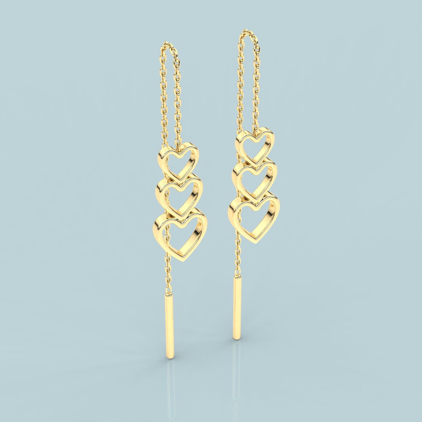 Yellow gold triple Heart Sui Dhaga 925 silver Earring