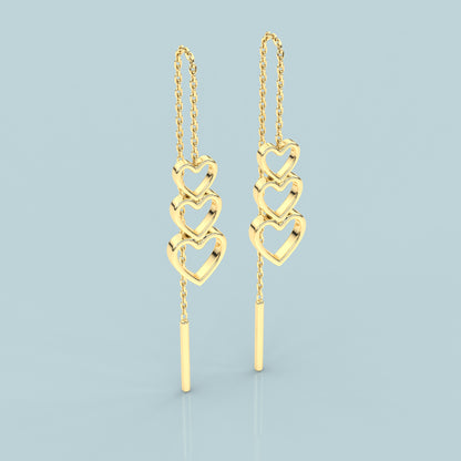 Yellow gold triple Heart Sui Dhaga 925 silver Earring