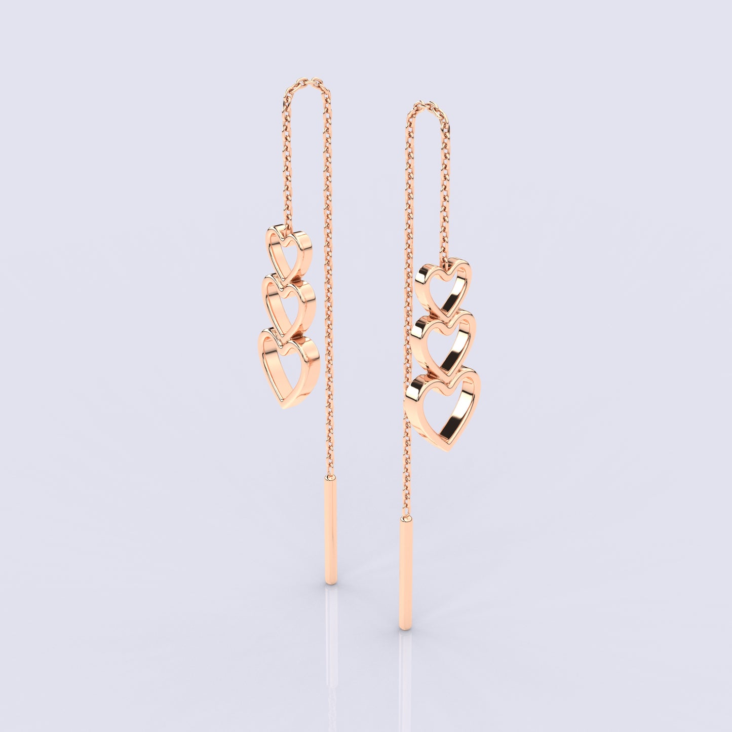 Rose gold triple Heart Sui Dhaga 925 silver Earring