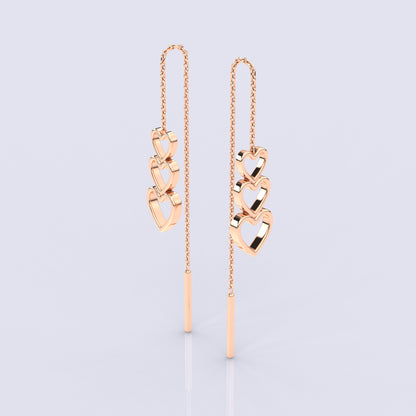 Rose gold triple Heart Sui Dhaga 925 silver Earring