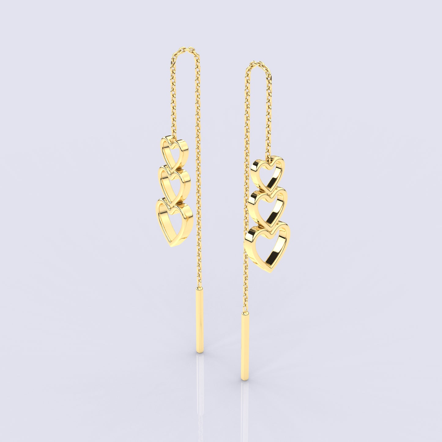 Yellow gold triple Heart Sui Dhaga 925 silver Earring