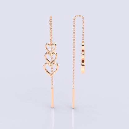 Rose gold triple Heart Sui Dhaga 925 silver Earring
